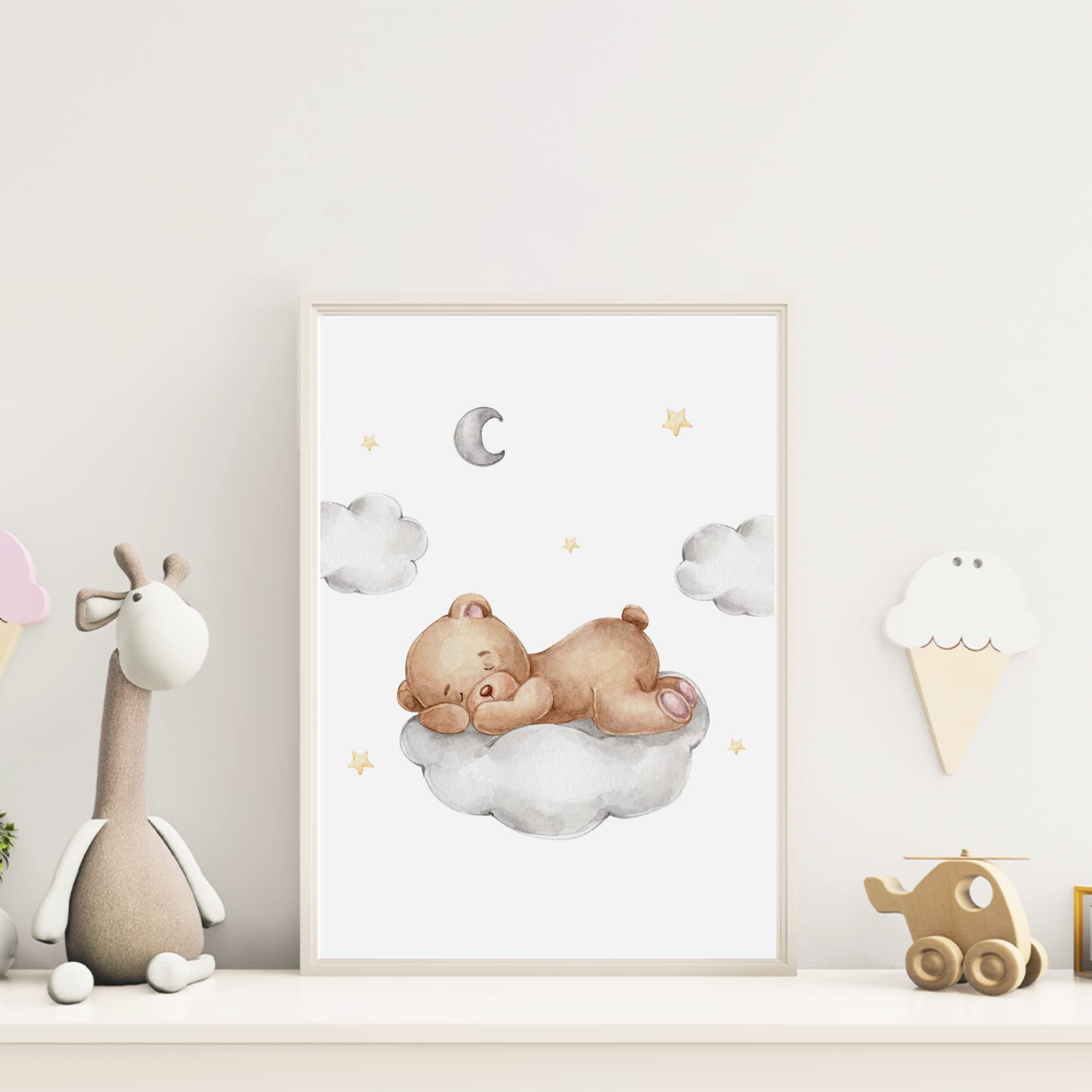 MeinBaby123® Set di 3 immagini per cameretta dei bambini, formato DIN A4, immagini da parete con scritta, decorazione per la cameretta dei bambini, decorazione da parete di alta qualità (orso e luna)