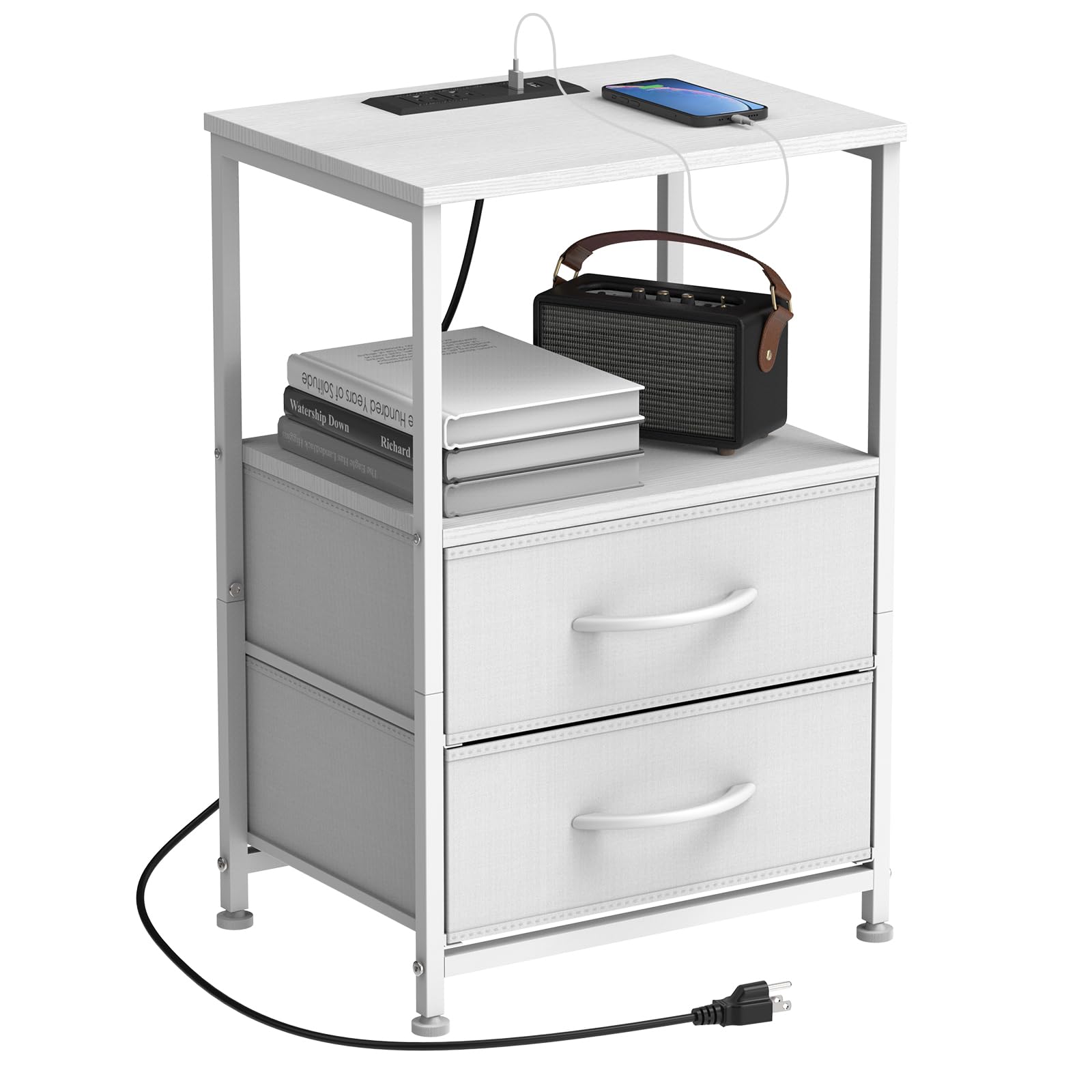 YBING White Nightstand with Charging Station Modern End Table with 2 Fabric Drawers Bedside Table with Storage and Open Shelf for Bedroom Living Room