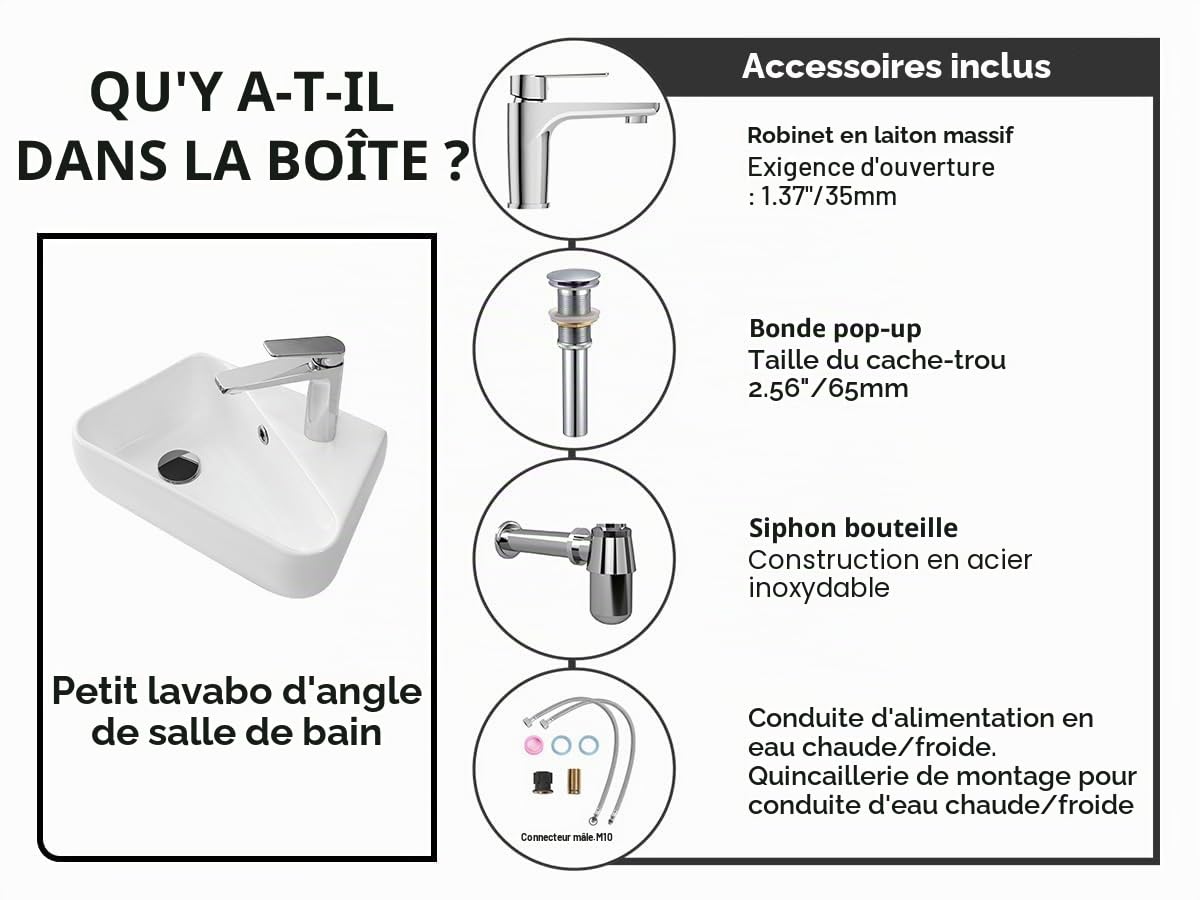 MEJE Ensemble lavabo mural de 45,7 cm, petit lavabo de vestiaire, lavabo de salle de bain en céramique blanche – Ensemble d'évier pour droitier (robinet et bonde pop-up)