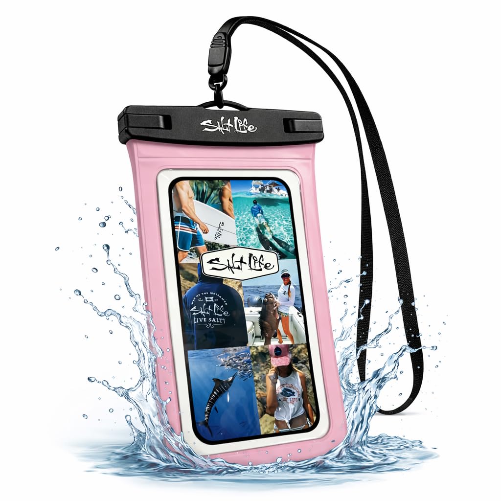 Salt Life Waterproof Phone Bag Sleeve - IPX8 100% Waterproof Protection, Universal Phone Pouch with Touchscreen Clear Window, Secure Seal Closure & Lanyard for Beach, Pool, Kayak & Travel (Pink)