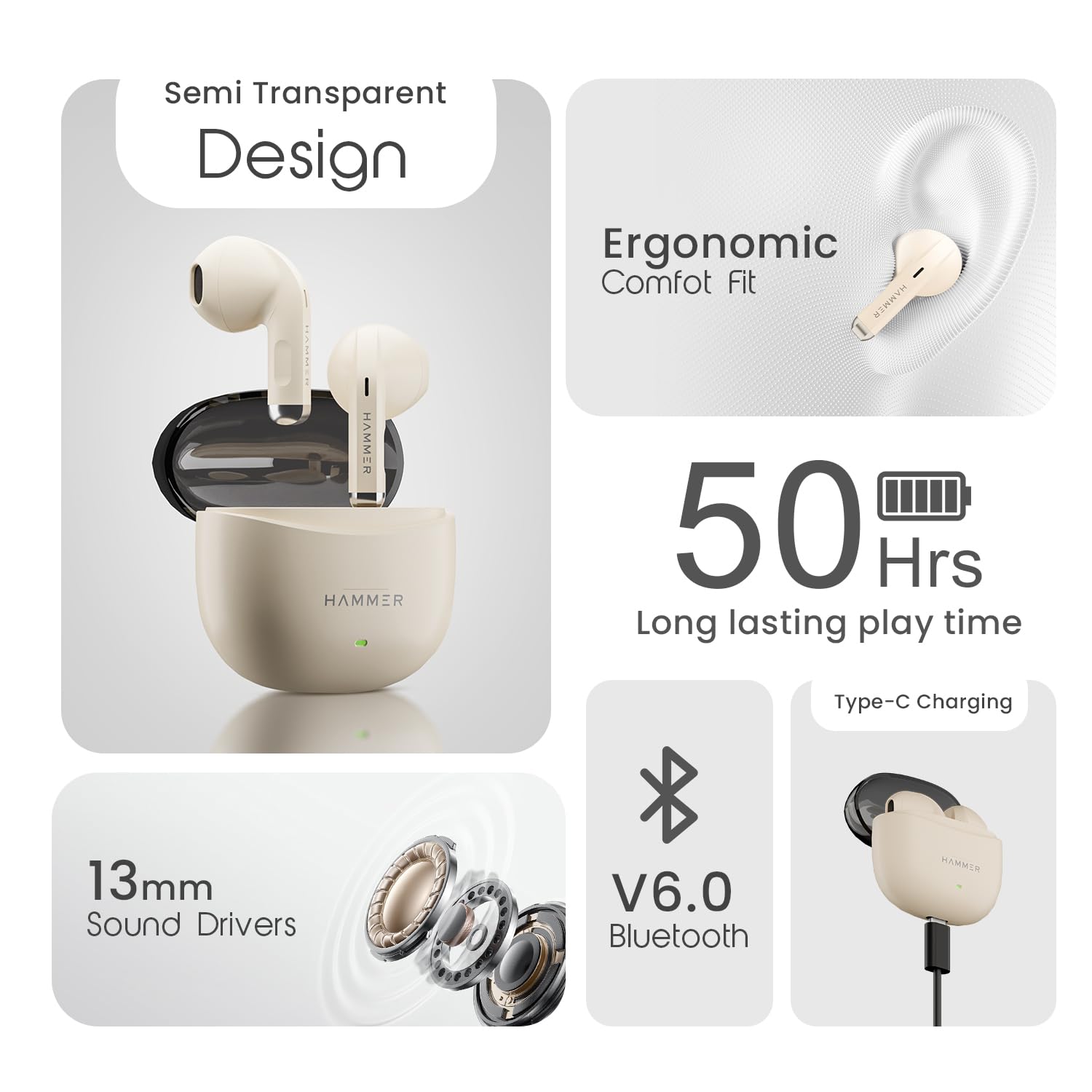 HAMMER Ultra Pods True Wireless Earbuds with in-Built Mic, 100H Standby Time, 1H Charging USB Type-C, 13mm Dynamic Drivers, 50H Playtime, BT v6.0 Connectivity, IPX5 Water Resistant (Beige) — Amazon image 2