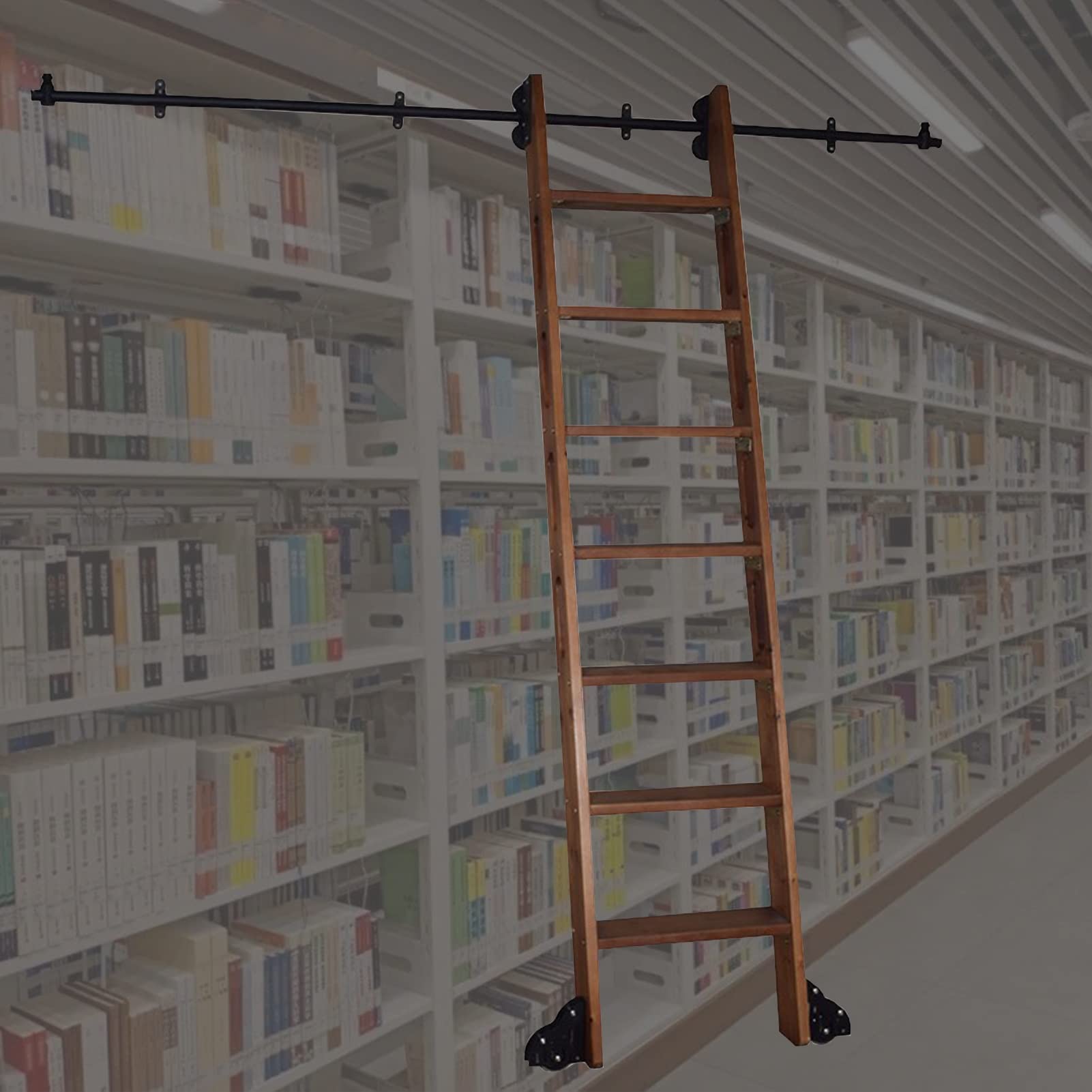 Rollleiter-Hardware-Kit, Rollleiter-Hardware-Bibliothek, Schiebeleiter-Hardware-Kit, 3,3 Fuß – 20 Fuß runde Schiene/Schiene (Keine Leiter), Mobile Leiterschiene aus rundem Stahlrohr + Bodenr