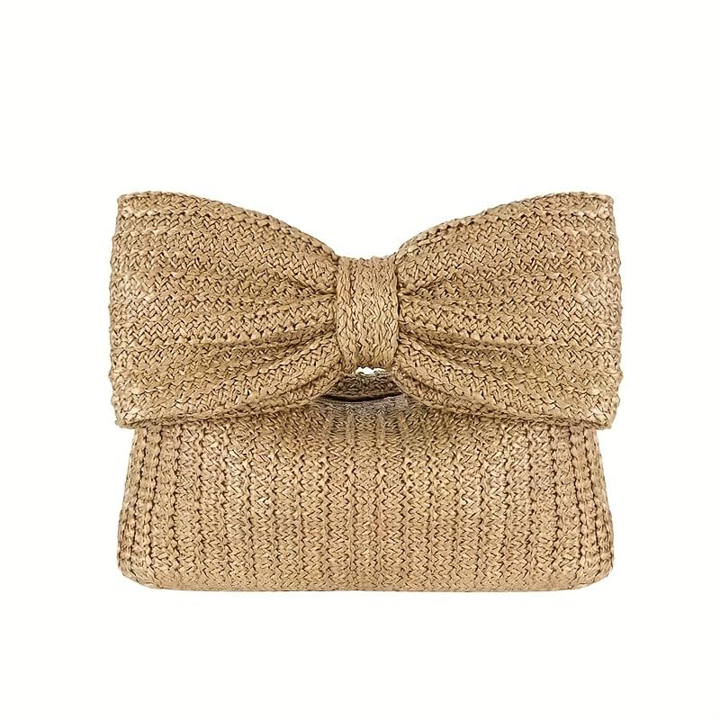 Pochette en paille avec poignée nœud et design minimaliste tissé