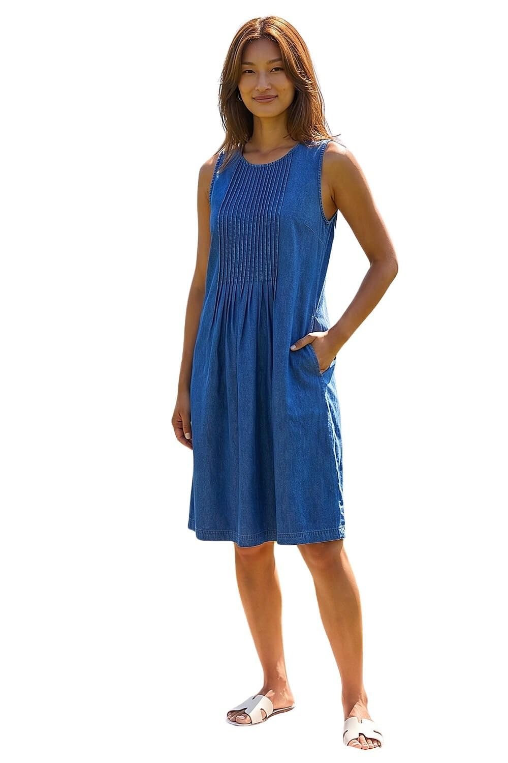 Roman Originals Women's Blue Roman Denim Pintuck Detail Pocket Dress For Uk - Spring Everyday Summer Holiday Round Neckline Comfy Sleeveless Soft Gather Skirt Frock Vacation Gowns - Size 20
