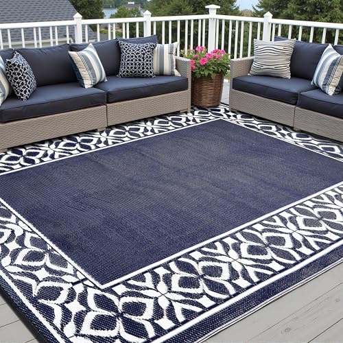 Image of PureCozy Outdoor Plastic Straw Rug Navy Blue Large Outside Waterproof Outdoor Patio 8x10 Carpet Geometric Reversible Mat Modern for Camping RV Porch Deck Balcony Beach