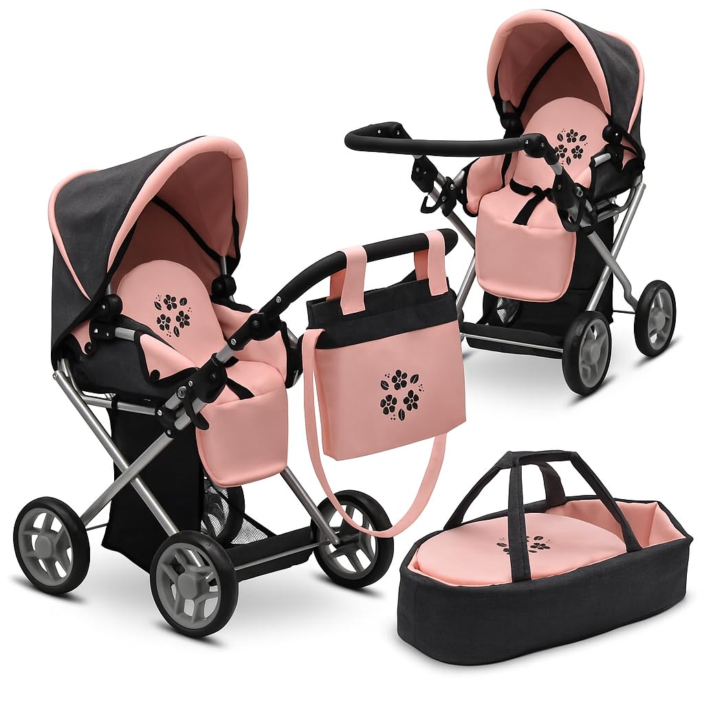 Baby Doll Convertible Pram Stroller with Removable Travel Bassinet Carrier for Kids Adjustable Handle Buggy Carriage with Canopy and Storage Basket 25 Inch Pink, Black
