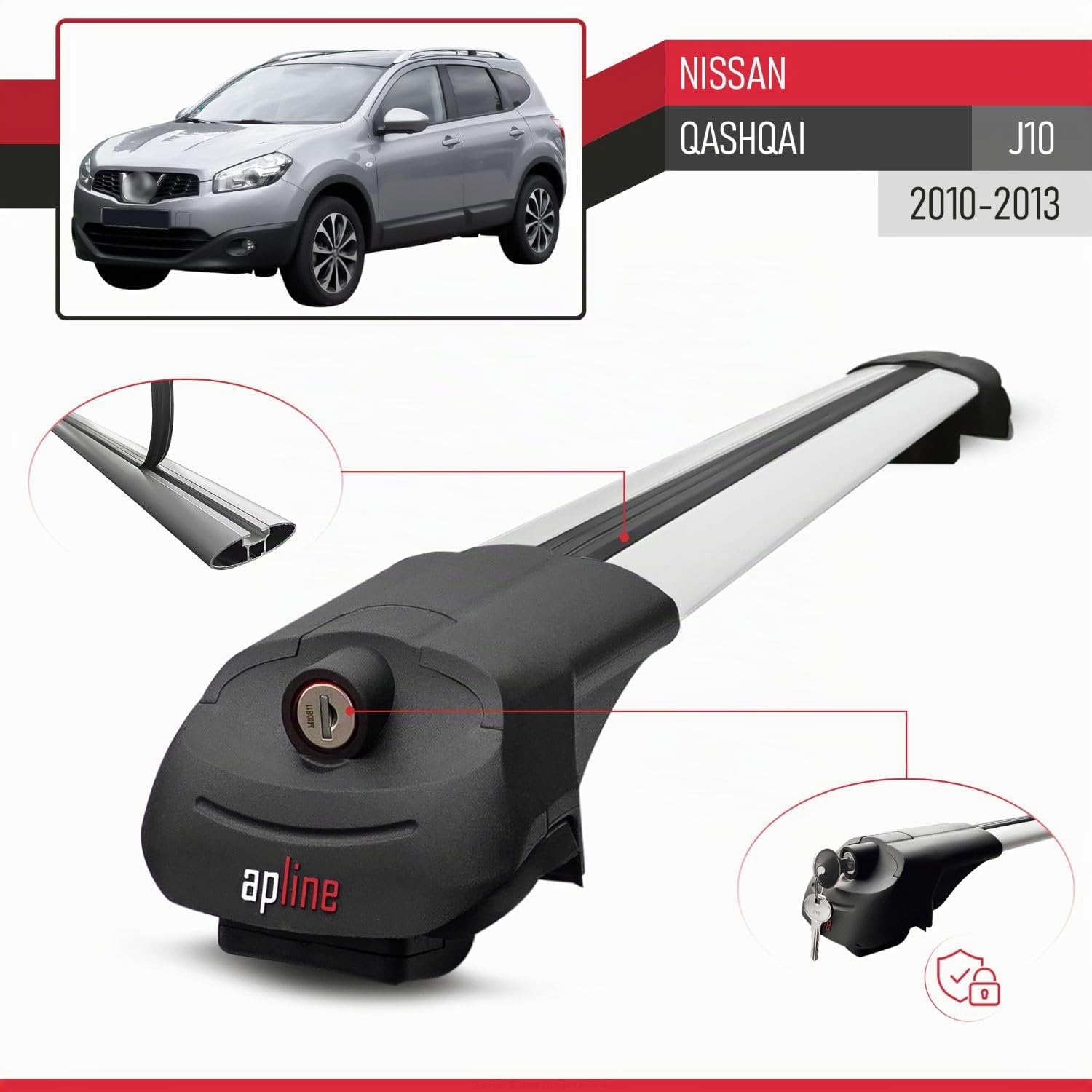 Compatible con Nissan Qashqai (J10) Post-Facelift 2010-2013 Modelo Ace-1 Barra de Techo Auto Portaequipajes Barras Transversales Gris Aluminio 2 Barras