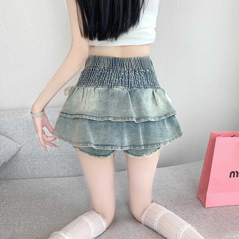 Y2K American Spicy Girl Denim Skirt, Women's Bow Low Waist Retro Pleated Skirt, Denim Cake Pleated Skirt3