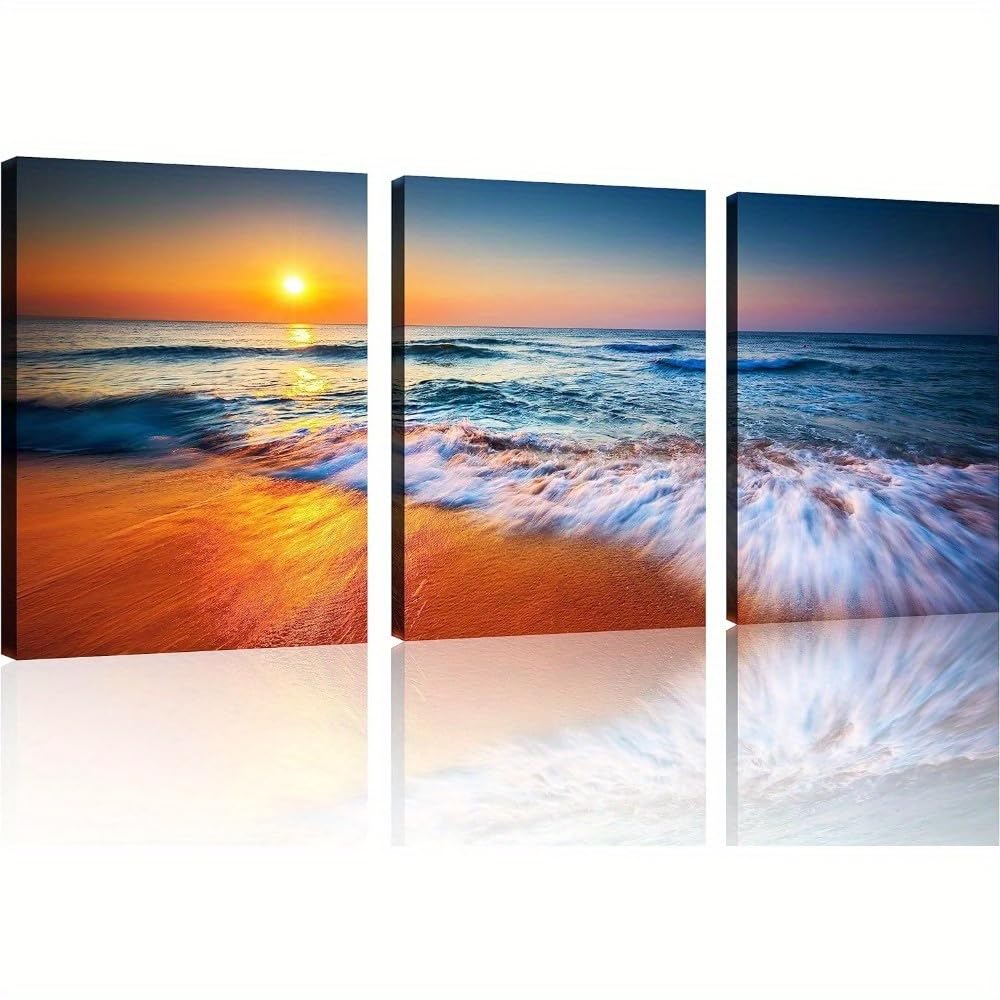 IXEHOH Sonnenuntergang Strand Leinwandbilder 3 Teilig Ozean Meer Landschaft Wandbilder für Wohnzimmer Schlafzimmer Küsten Natur Kunst Bilder Deko Poster & Prints Ästhetik Art 70x100cmx3