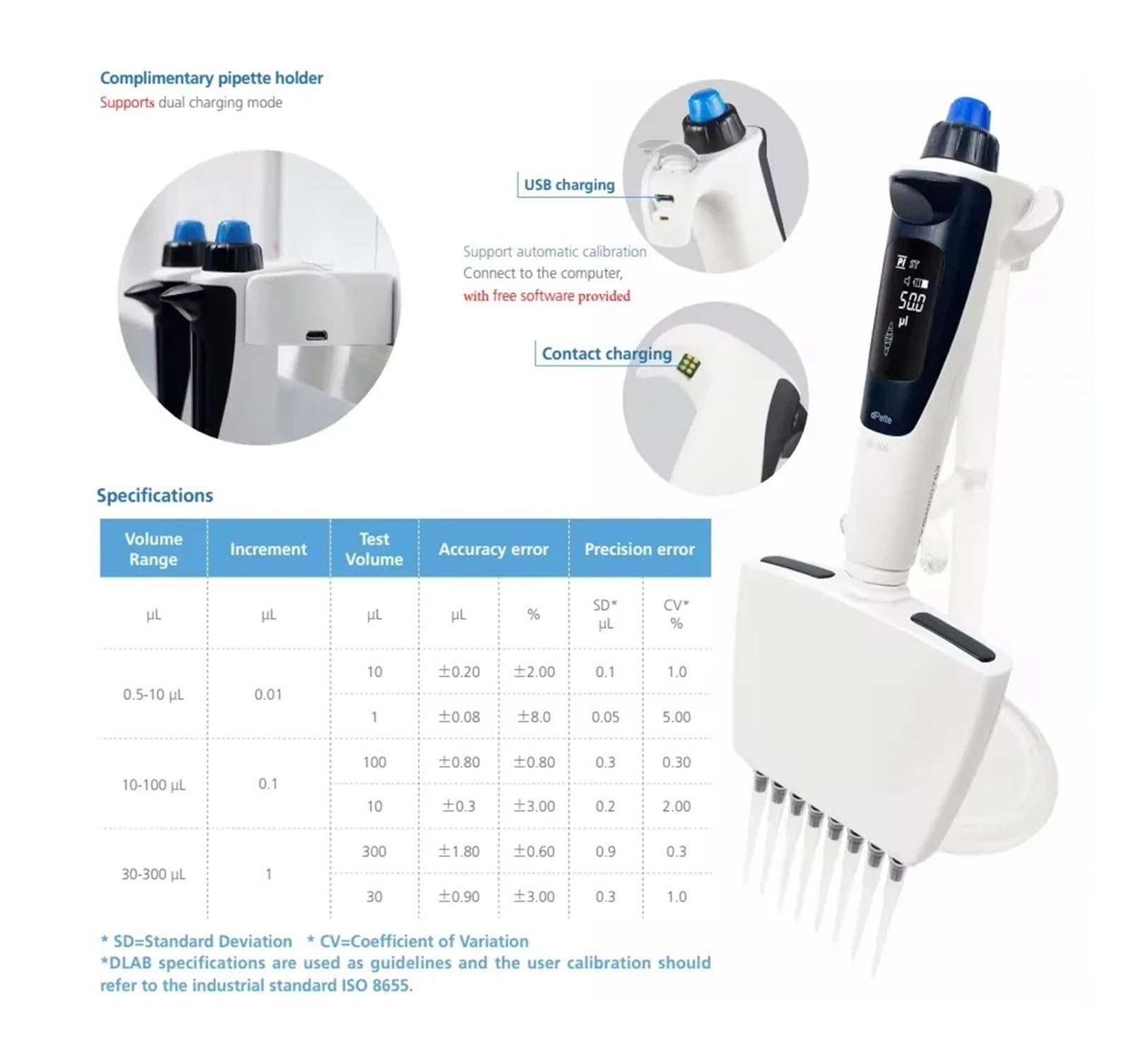 Pipette, + Neue elektrische Pipette 0,5-1000ul Pipette Einstellbare 8-Kanal-Elektronische Pipette Digitale Labor-Mikropipette(8 channel 30-300ul)