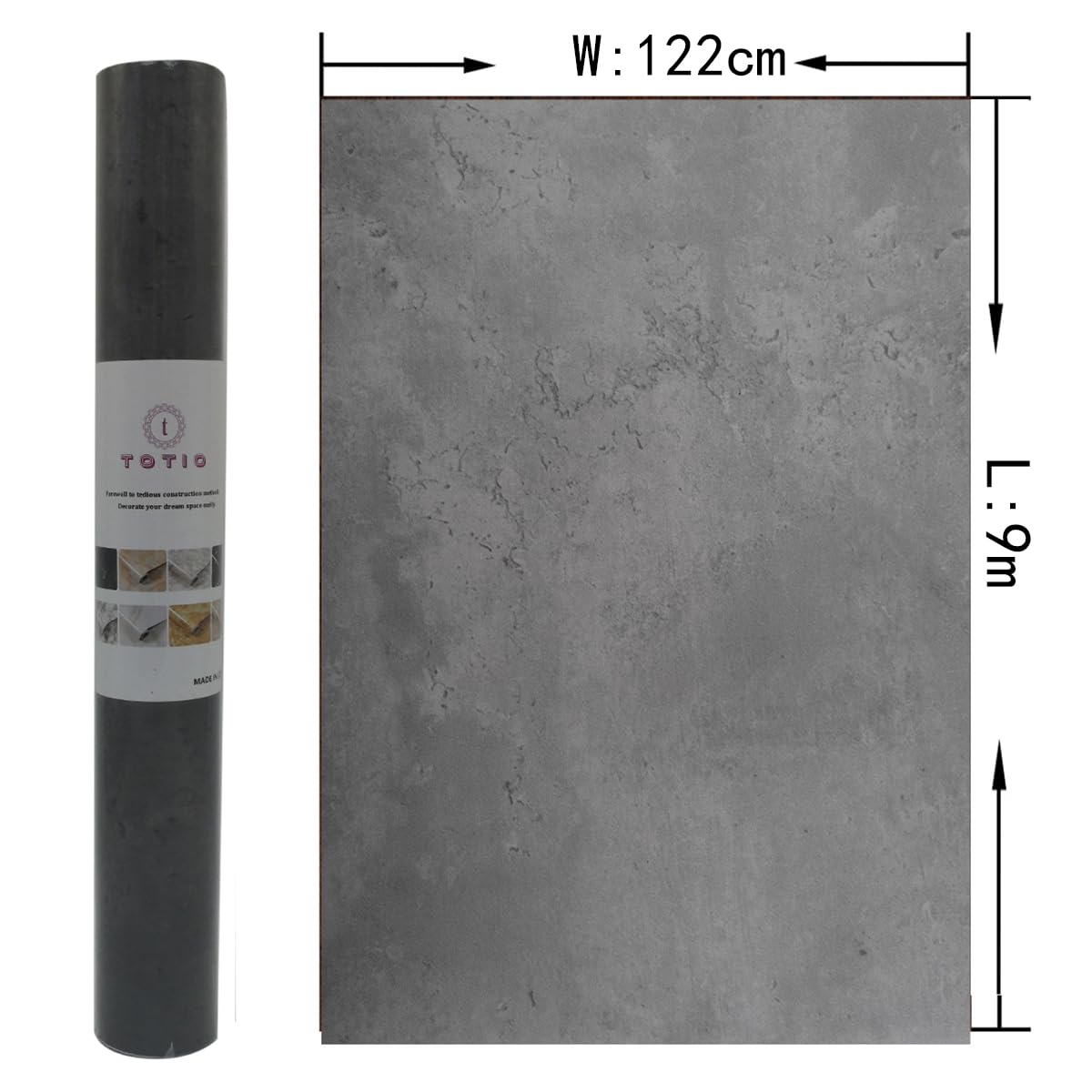 TOTIO 122 cm x 9 m - Papel pintado autoadhesivo extra grande - Gris oscuro - Aspecto de hormigón - Película mural de vinilo impermeable - Para muebles - Estilo industrial - Mate - Grueso - Desmontable
