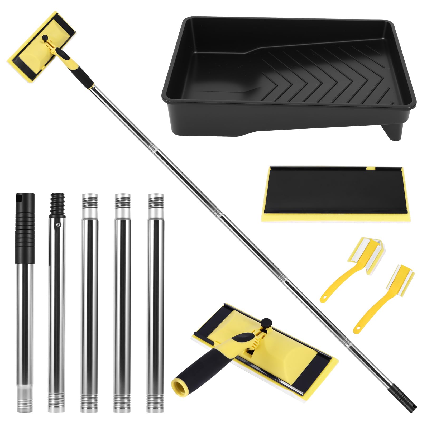 Paint Pad Set with 1.2M Extension Pole, 9 Inch Paint Bristle Brushes with 2pcs Replacement Paint Pads, Paint Tray Set with Triangular Brush and Paint Edger Brush for Painting Walls Ceilings Doors