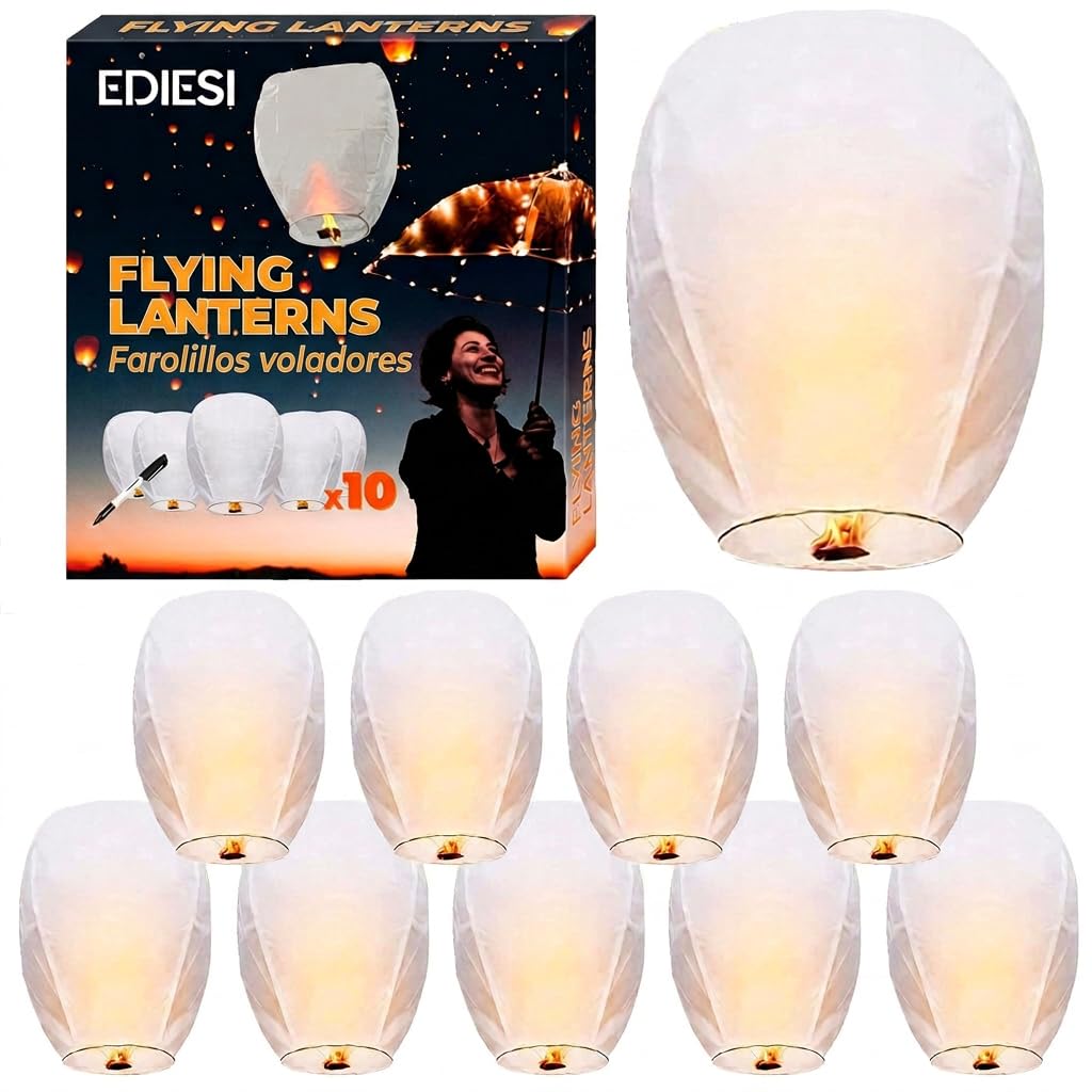 Ediesi, Lanterne Cinesi Volanti, 10 Pezzi, 100% Biodegradabile, di Carta, Bianco, Sky Lanterns, con un Pennarello per Scrivere i Desideri