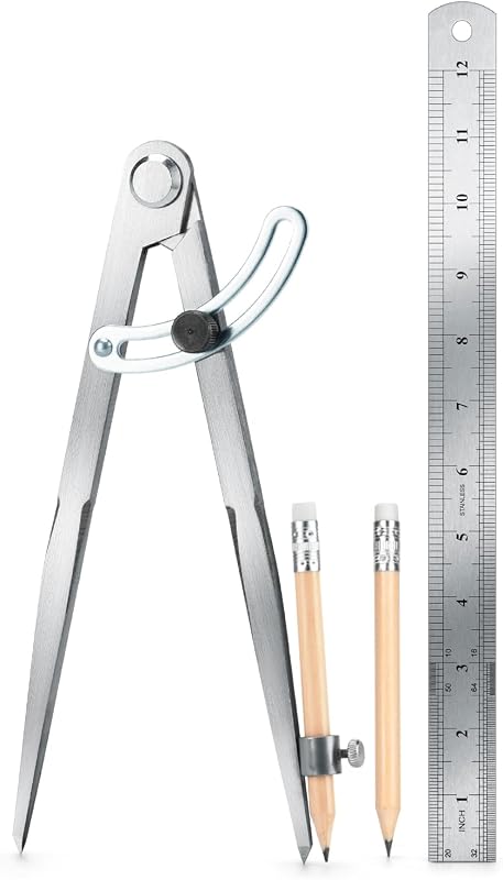 Juego de geometría de brújula para carpintería: brújula de lápiz de bloqueo grande para dibujar círculos, brújula profesional para carpintería de 8 pulgadas con 2 lápices y una regla de 12 pulgadas, perfecta para geometría de precisión.