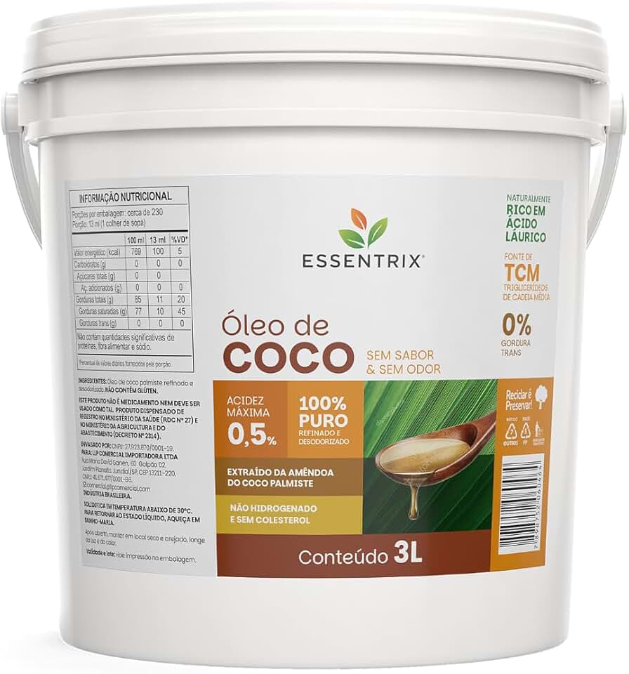 ESSENTRIX Óleo de Coco Sem Cheiro e Sem Sabor, 100% Puro, 0% Gordura Trans, Sem Colesterol, 3 Litros