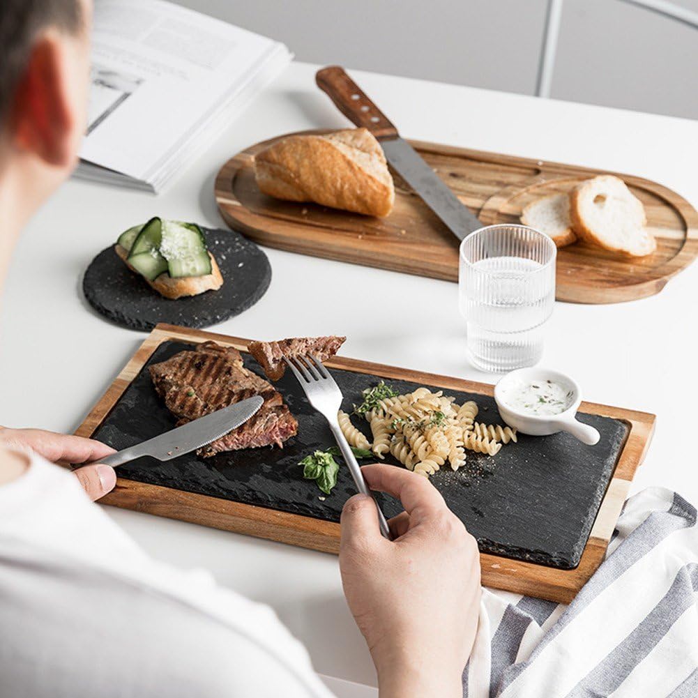 Tabla De Servir De Madera con Pizarra, Plato De Pizza De Madera De Pino, Bandeja De Madera Multiusos para Servir Queso, Plato De Pizarra para Carne Y Pan.