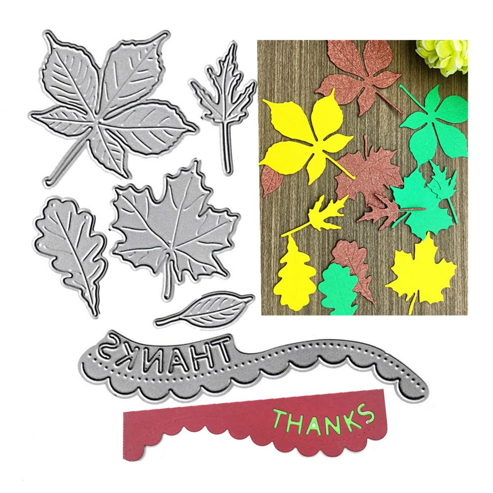 5pcs Fall Maple Leaves Cutting Dies, Autumn Leaves Thanks Lace Die Cuts Metal Embossing Stencils Template Mould for Card Scrapbooking and DIY Craft