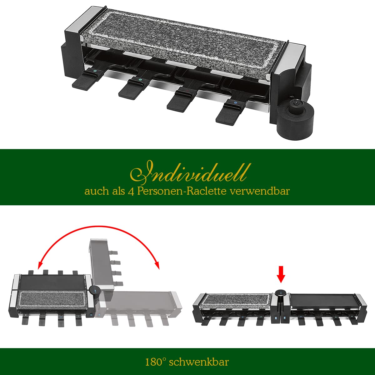 Clatronic RG 3678, 2 w 1 grill raclette, naturalny kamień do grillowania i płyta odlewana z odlewu obrotowego, przegub obrotowy 180°, 8 patelni, może być również stosowany jako raclette dla 4 osób,
