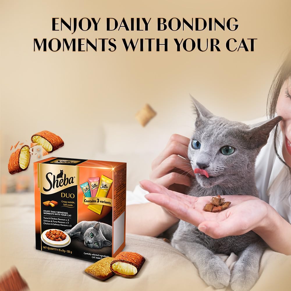 Sheba Duo Adult Crunchy Cat Treats, 135 g, Crispy Outside Soft Inside, Contains 3 Variants, Tuna & Chicken, Salmon & Tuna, Chicken & Salmon 1