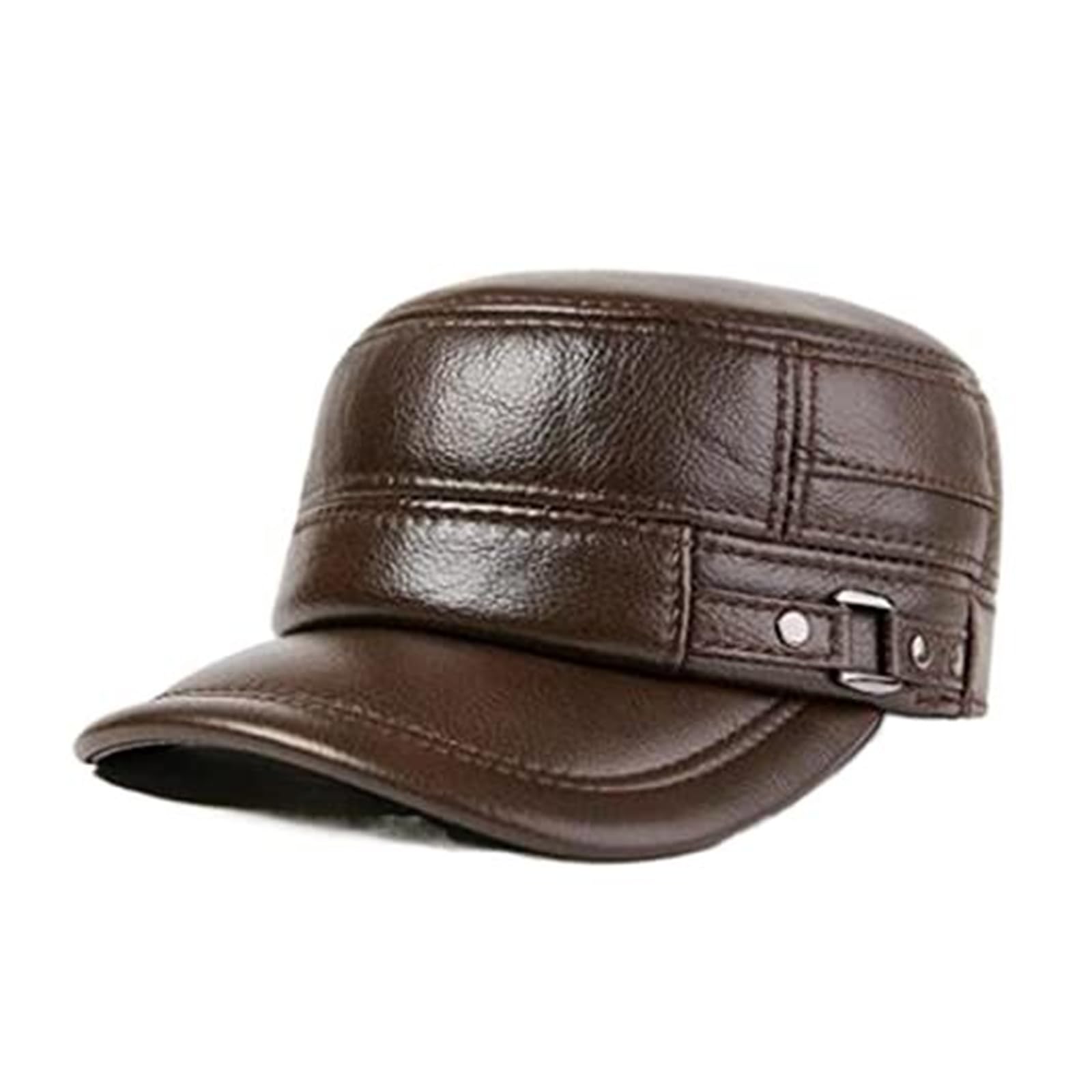 Adjustable Size Men Genuine Leather Flat Cap for Autumn Winter - Dark Brown (55-58cm)(55-58cm; Dark Coffee)