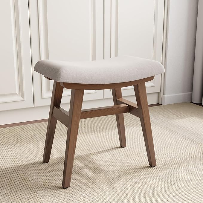Worthy Shoppee Solid Wood Small Vanity Stool with Saddle Cushion, High-Rebound Sponge Seat, Easy Assembly Makeup Chair, Footstool for Bedroom, Entryway, Walnut
