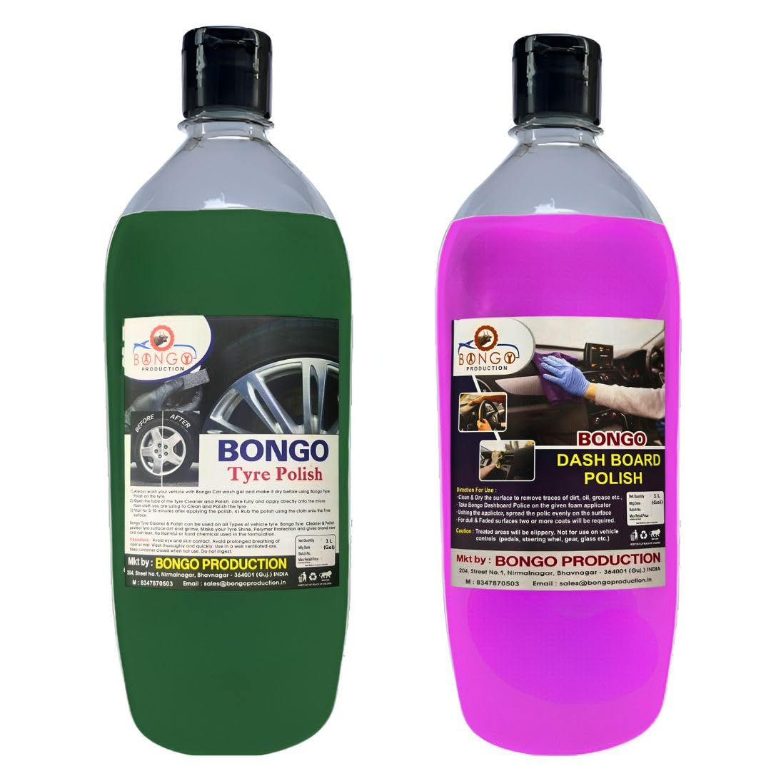 Bongo Car Tyre Polish and Dashboard Polish Combo (1L) Gel | Deep Black Shine | Hydrophobic | Non-Greasy Formula for Lustrous Results-image-27