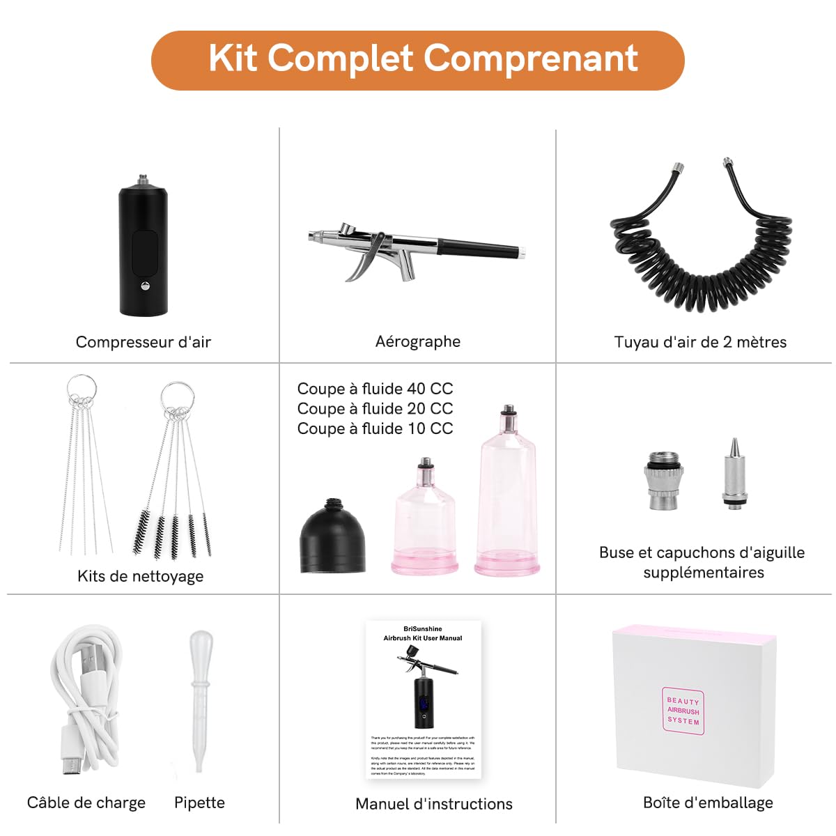 Kit Aérographe Sans Fil, 38PSI Réglable avec Compresseur, Rechargeable, Écran LCD, Tuyau Extension, Idéal pour Coiffure, Nail Art, Décoration Gâteaux, Maquillage, Peinture Modélisme