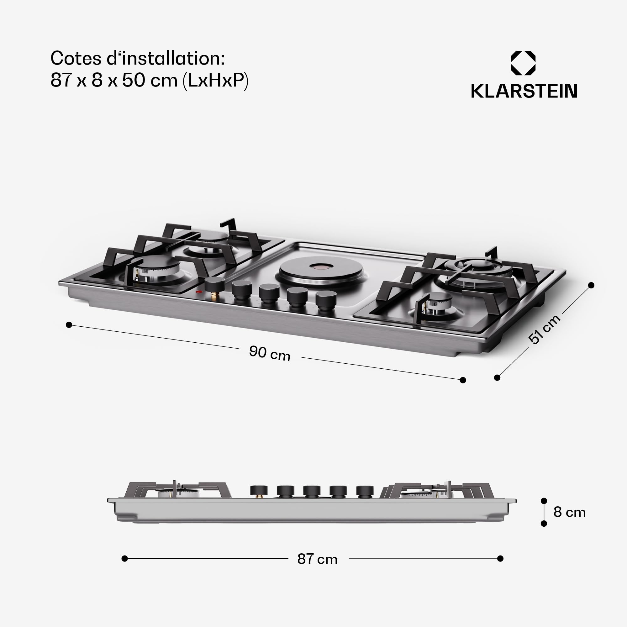 Klarstein MultiChef 5 Plaque De Cuisson Gaz Et Électrique, 4 Brûleurs Gaz & 1 Électrique, 10.1Kw, Acier Inoxydable, Allumage & Arrêt Automatique, Sécurité Enfants, Compacte 87X8X50Cm
