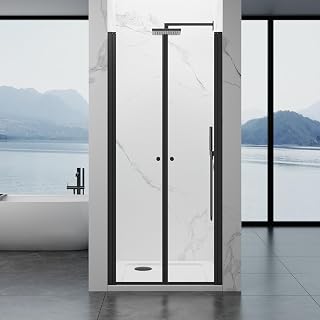 Frameless Hinged Shower Door - Double Swing Pivot Shower Door, 34" W x 75" H, Clear SGCC Tempered Glass, Dual Nano Coated Glass, Easy Installation, Reversible Swing, P01-34 (Matte Black)