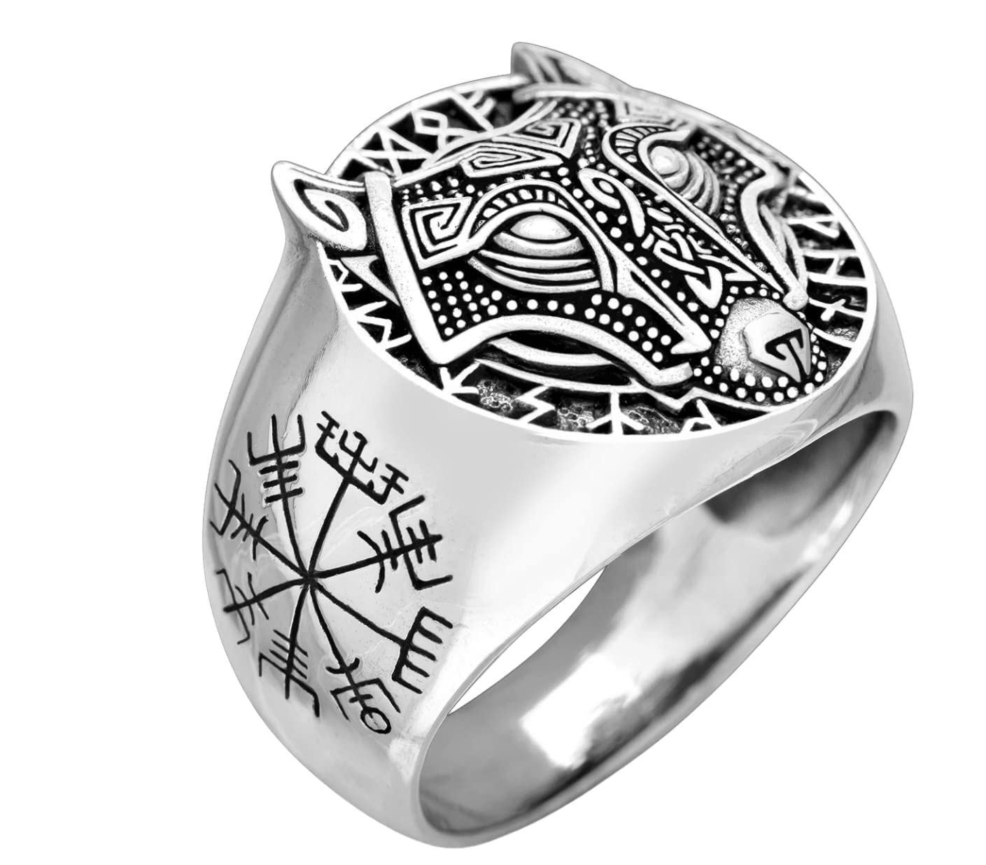 Treasure Bay Anillo grueso de lobo para hombre, anillo nórdico vikingo con cabeza de lobo Odín, anillo de calavera de lobo punk para hombre, anillo de plata de ley 925 para hombre, anillo Fenrir nórdico vikingo