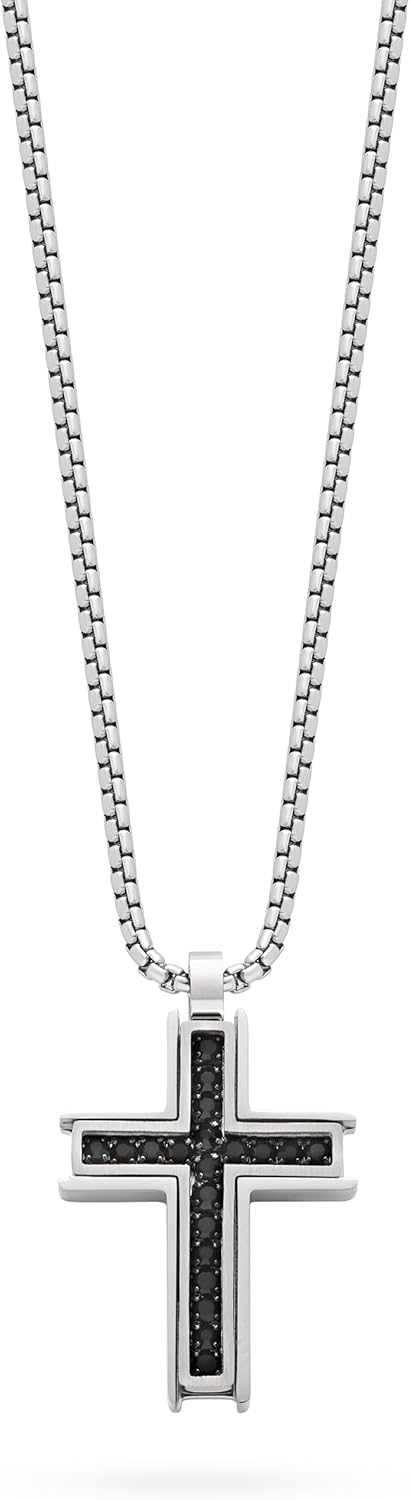Mondo Cattolico Stainless Steel Cross Pendant with Black Zirconia – Made in Italy, Blessed by the Pope, Elegant Christian Necklace with Chain