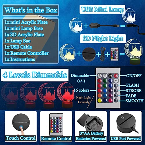 Laysinly Ramadan 3D Night Light Mubarak Islam Muslim Church Desk Lamp 16 Colors Change Decoration Light Remote Control Led Night Lamp For Bedroom Living Room Eid Al-Fitr Party Light (Moon) #TOP4