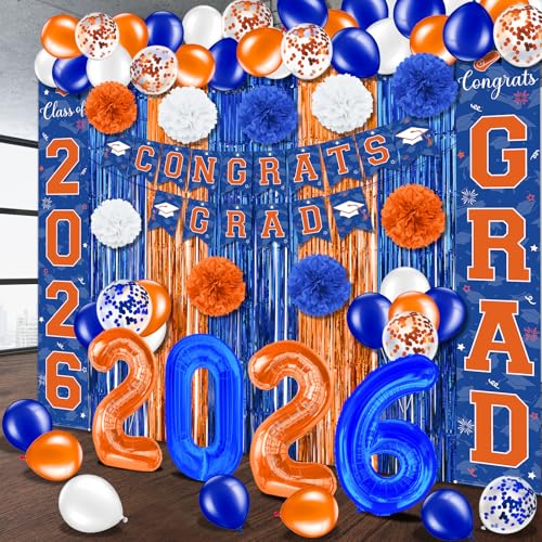 Image of Graduation Party Decorations Class of 2026, Graduation Decorations with Congrats Grad Banner Fringe Foil Curtain Paper Flower Ball Balloons for High School College Grad Party Supplies, Blue Orange