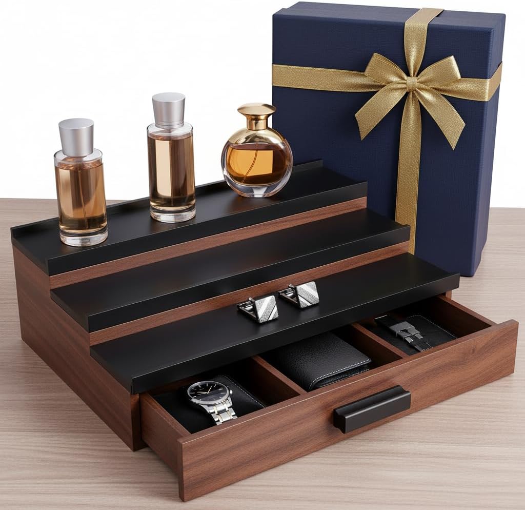 Cologne Organizer for Men – Black Wood Cologne Stand with Drawer & Storage, 3 Tier Perfume Display Holder for Bedroom, Office, Bathroom – Ideal Gift for Men, Father, Husband