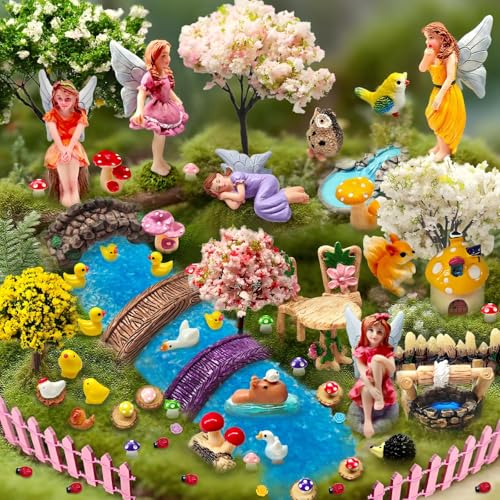 MTWENWENZY 114 Pcs Miniature Fairy Garden Accessories Kit Resin Elves Animal Figurines Decor Micro Landscape Ornaments for DIY Micro Dollhouse