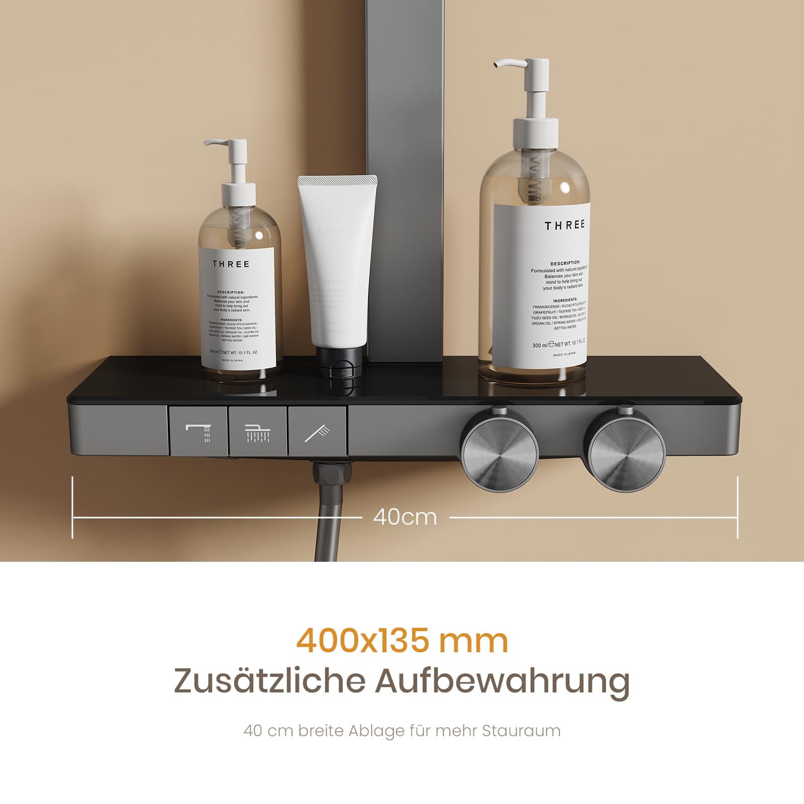 EMKE Duschsystem mit Thermostat, Anthrazit Matt, Einstellbarer Durchfluss Duschsystem Regendusche, Duschgarnitur mit 36x24 cm Regendusche, Duschset mit einstellbarer Wassermenge, 4-Strahl Handbrause