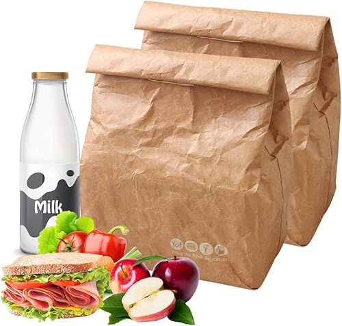 Hangnuo Paquete de 2 bolsas de almuerzo de papel marrón aisladas, reutilizables, bolsas de almuerzo retro para adultos, trabajo, oficina, papel