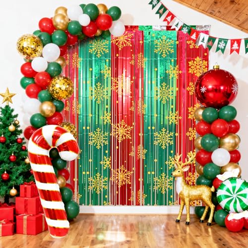 Image of 2 Packs Christmas Foil Fringe Curtain, Glitter Red Green Snowflake Metallic Tinsel Backdrop for Xmas Friendsmas Santa Claus Ugly Sweater New Years Eve Party Decoration Supplies