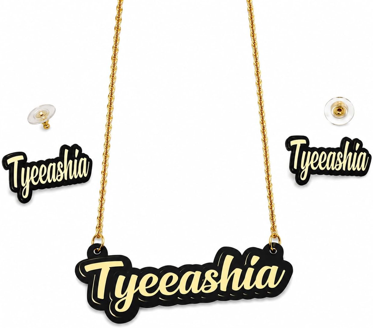 MIRROR MANIA Personalized Name Necklace & Matching Stud Earrings Set – Custom Any Name, Color Choice, Laser Cut Acrylic Jewelry, Gold Rope Chain, Handmade in USA