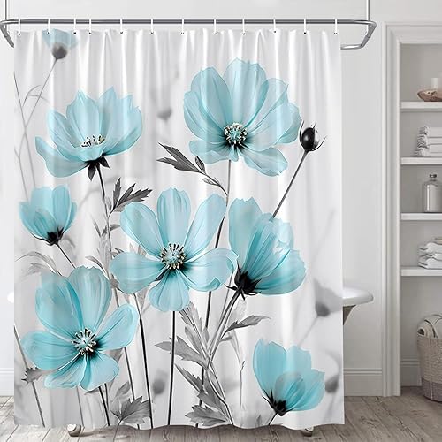 Miniatura 1 de Cortina de ducha de margaritas grises y verde azulado, jardín rústico, elegante, flores silvestres, granja, azul, turquesa y gris, margaritas de