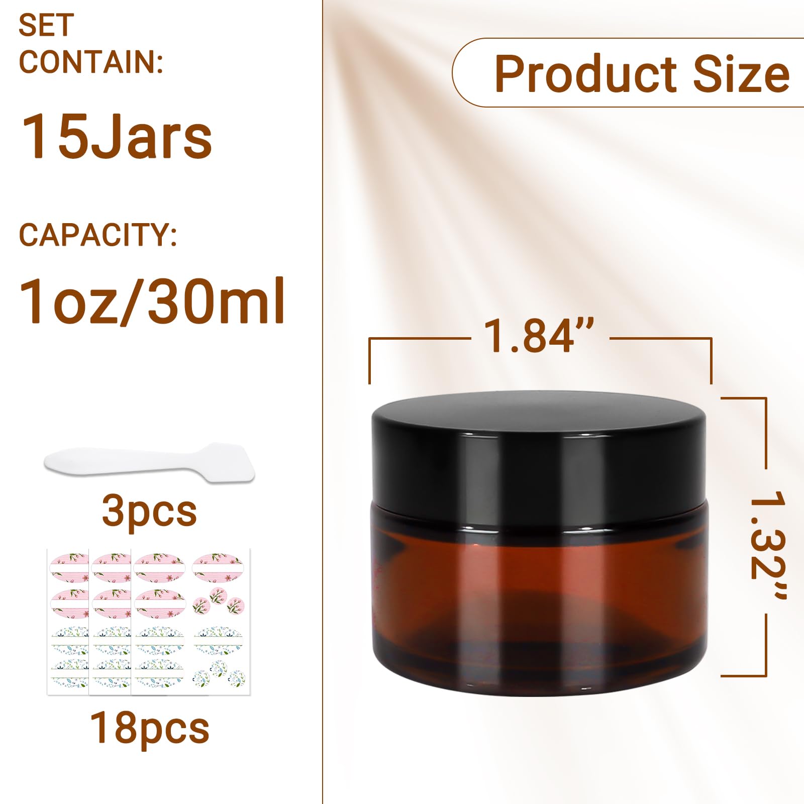 Yishik 1 oz Amber Glass Jars with Lids,15 Pack Empty Cosmetic Containers with Inner Liners and Black Lids,30ml Refillable Round Cream Jars for Lotion,Beauty Products - Image 2