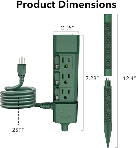 Miniatura 4 de BN-LINK Cable de extensión para exteriores de 25 pies impermeable con estaca de alimentación, 6 tomas de corriente, resistente a la intemperie,