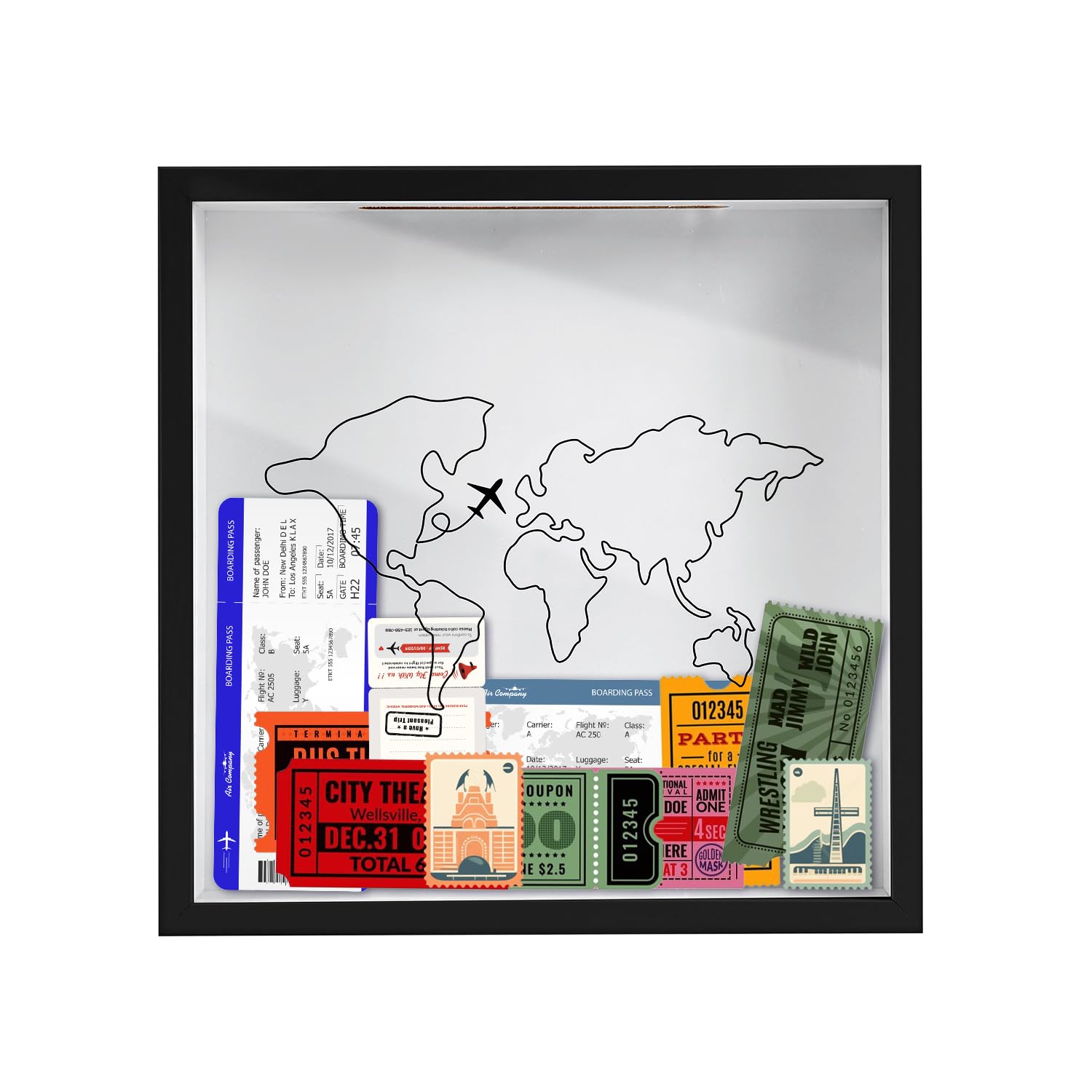 Scatola per ombre, da viaggio, 29,2 x 29,2 cm, con cornice in legno, design con aereo, biglietti da viaggio, caricamento dall'alto, per cinema