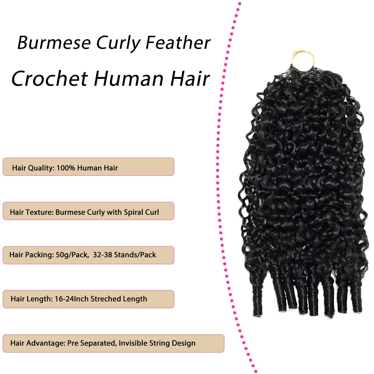 Crochet Human Hair Burmese Curly Feather-Line Invisible Pre-Separated Knotless 3 Packs 24 24 24Inch 150g Crochet Braiding Hair Extensions for Women Reusable Feather Crochet Real Human Hair