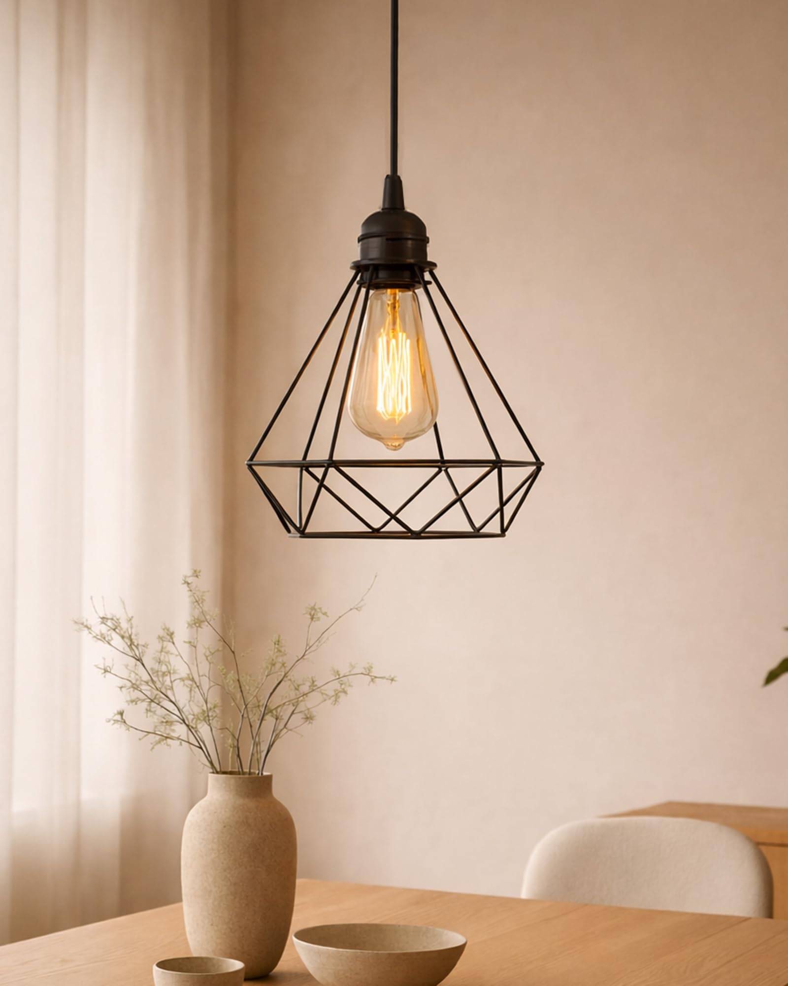 Homesake® Diamond Metal Cage Pendant Hanging Light for Living Room, Dining Room & Kitchen, Industrial Ceiling Hanging Lamp with E27 Holder, Decorative Hanging Light Fixture for Home Décor, Black-picture-13