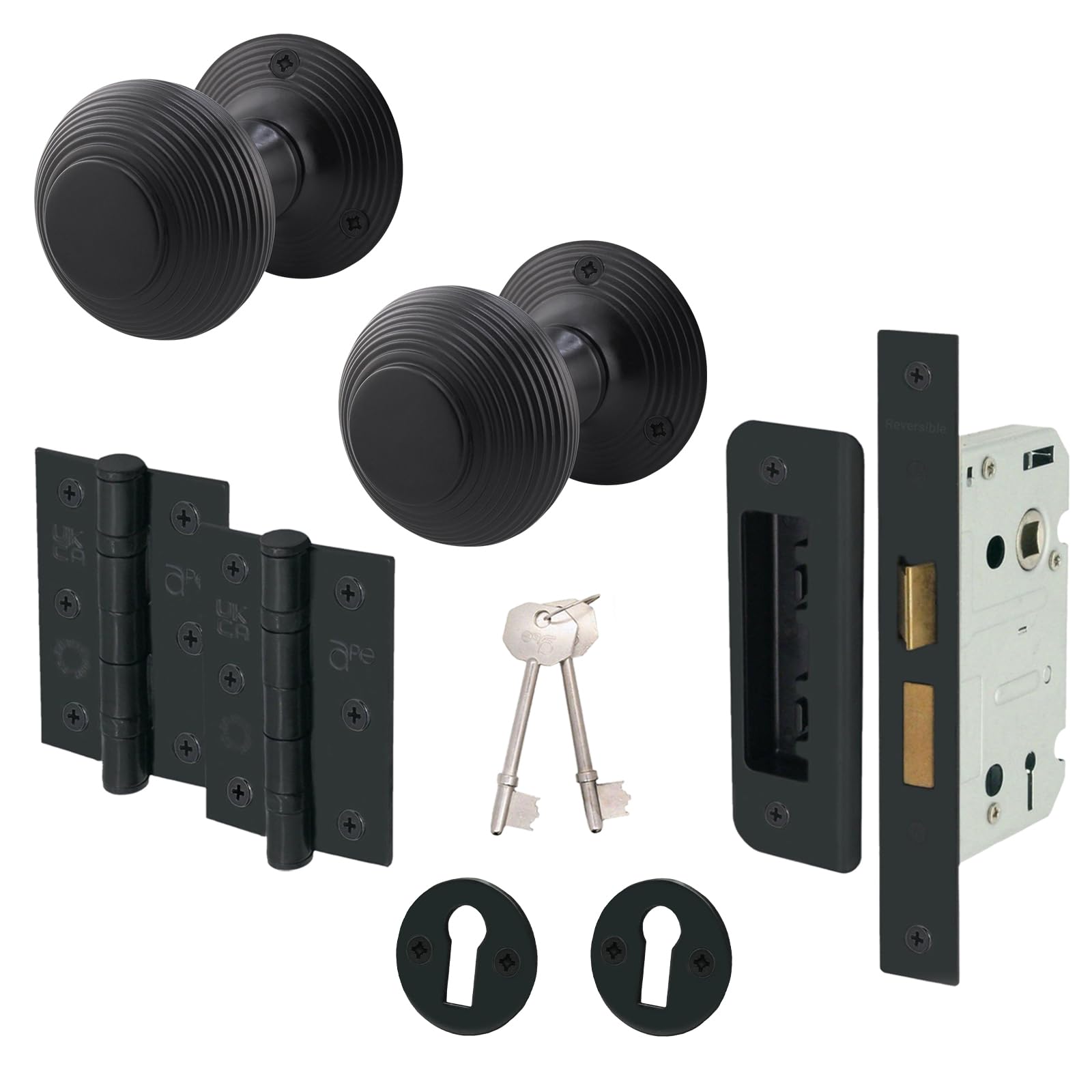 Eai Matt Black Beehive Reeded Black Key Lock Door Knob Set | 1 Pair Of Mortice Knobs (55Mm), Sash Lock (80Mm) & Hinges (76Mm) For Internal Doors