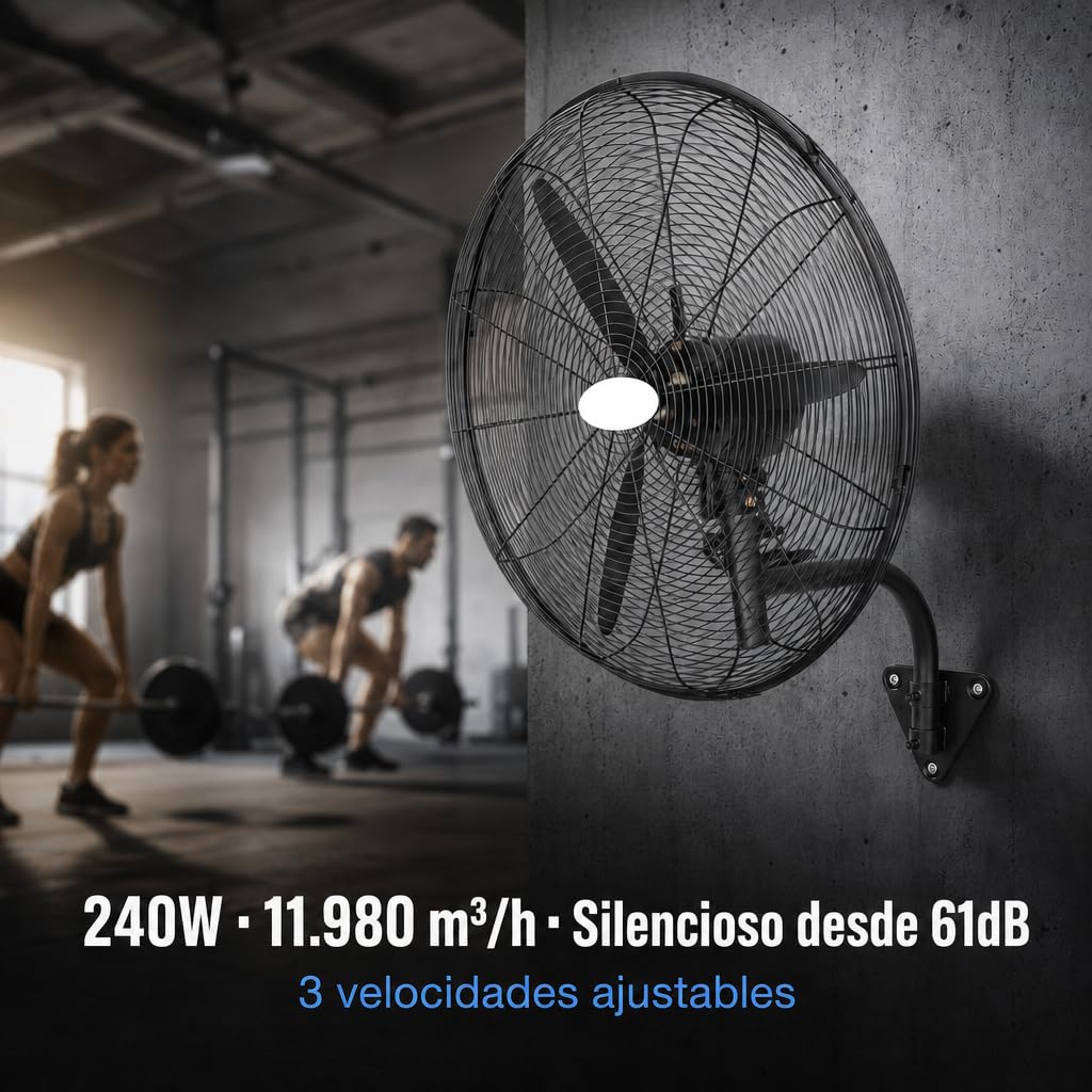 Ventilador Industrial Pared Negro Metal | Oscilante, Orientable y Ajustable | 3 Velocidades, 3 Aspas, Silencioso | Almacenes, Gimnasios, Talleres, Fábricas | Ø71cm | 240W | Protección calentamiento