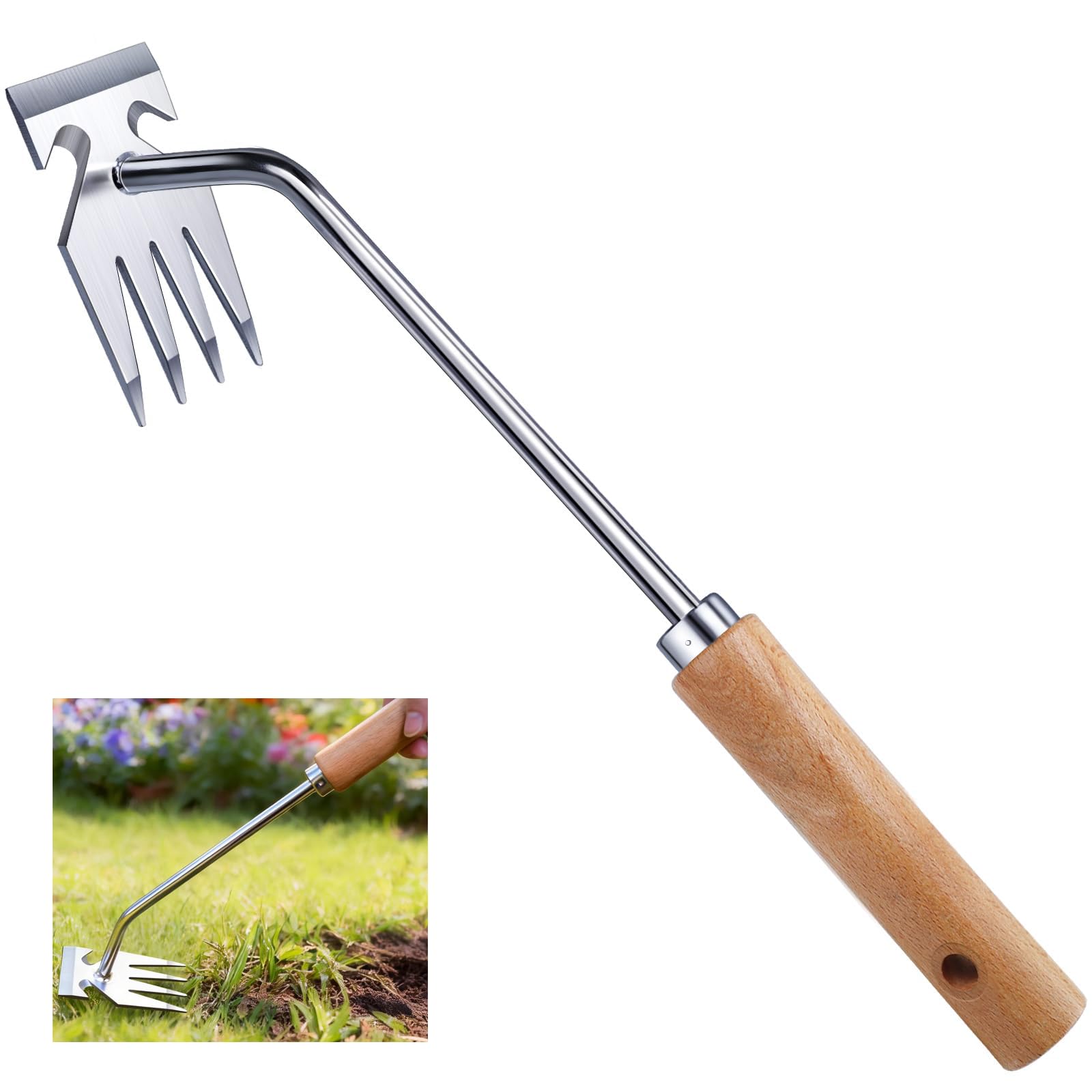 weed remover tooll, Rustproof Stainless Steel & Wooden Handle Hand Weeder for Garden, Lawn, Patio Crack Removal, Dandelion Uprooting, Loosening & Transplanting ,Versatile Garden Tool for Gardening