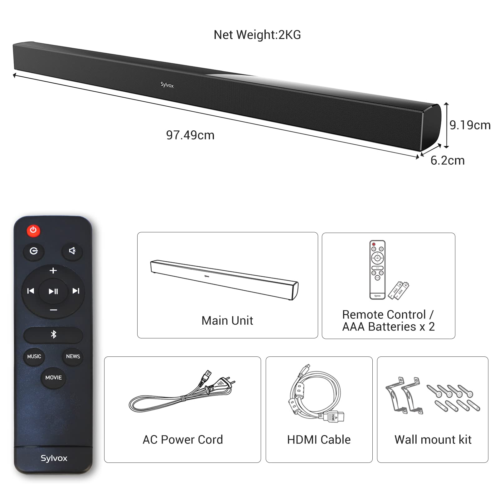 SYLVOX Soundbar TV Bluetooth impermeabile IP65 con telecomando, 4 impostazioni di equalizzazione, 2.0 canali 120 Watt, HDMI, montabile a parete, A2DP, HDMI, Ingresso Ottico, Coassiale, USB
