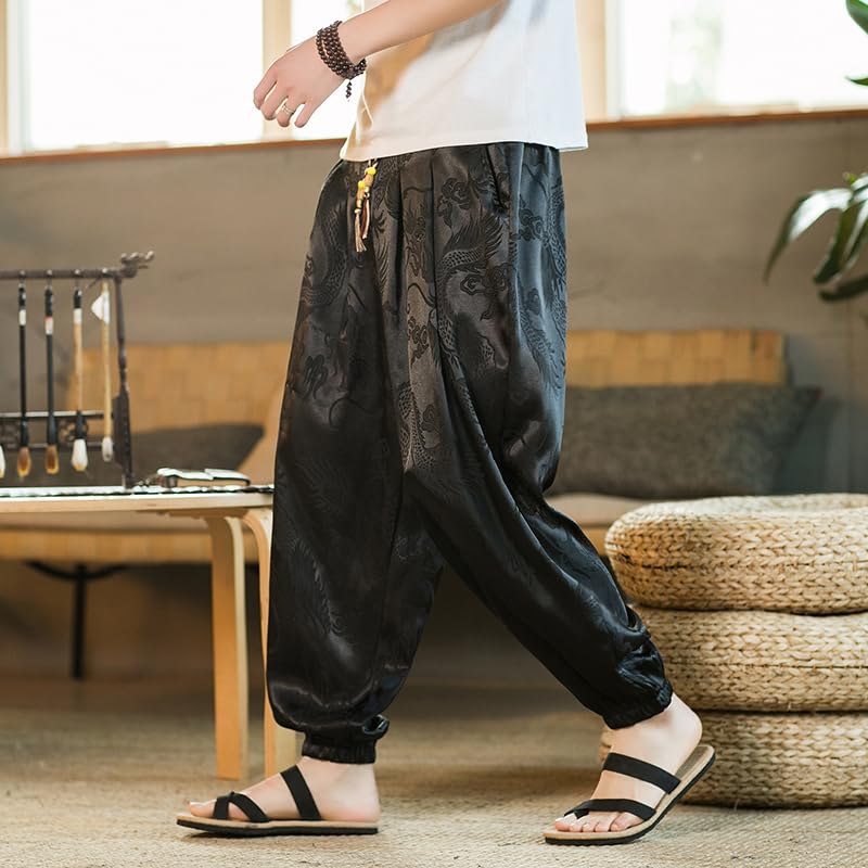 Hipster Ice Silk Satin Men' Pants Dragon Pattern Chinese Loose Trousers Smooth Comfortable Beach2